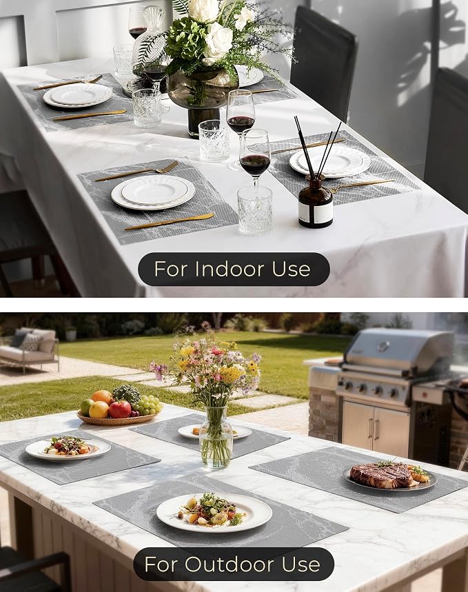 Leetaltree Reversible Marble Placemats Set of 12 – Ships Flat and Stays Flat, Durable Washable Vinyl PVC Placemats, Heat Resistant, Easy Wipe Clean (Gray Marble Pattern)