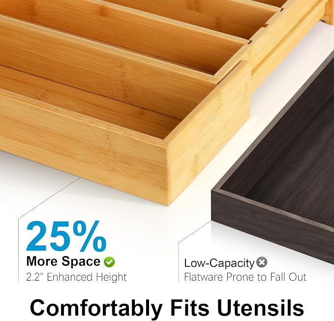 Bamboo Expandable Drawer Silverware Organizer (12.6-20.5") | 3 removable dividers,5 tracks for custom storage. Multi-use for utensils, stationery, tools. Durable bamboo, wipe clean