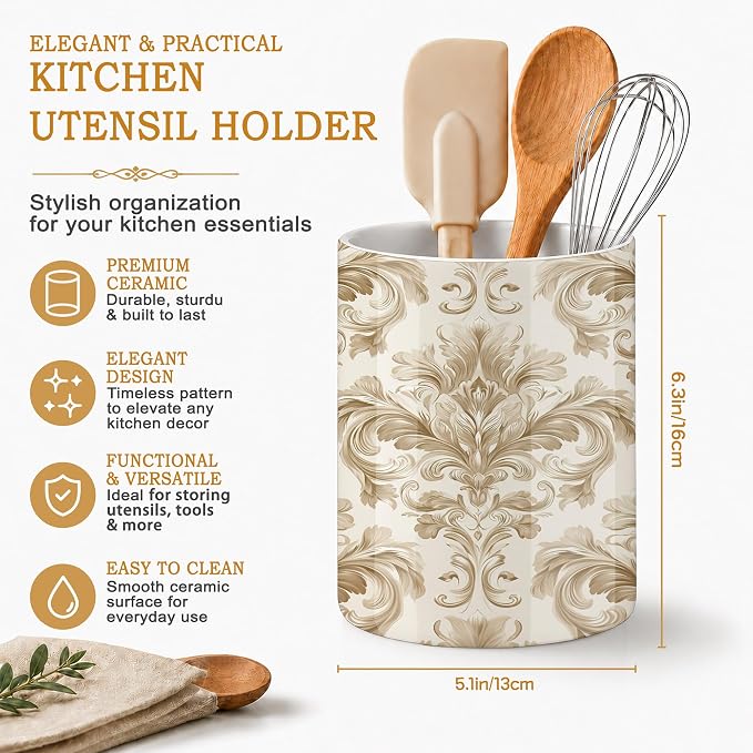 Ceramic Kitchen Utensil Holder for Countertop,Gold Damask Flower Vintage Large Utensil Crock for Kitchen Counter,Cooking Utensil Organizer for Spatulas,Spoons
