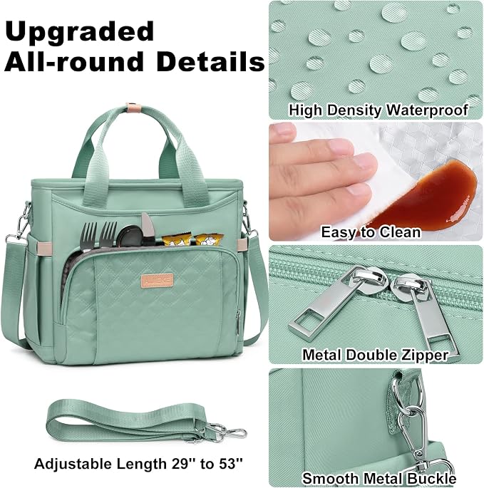 AIJIEKE Large Insulated Lunch Bag for Women Men, Work Lunch Box Tote, Green | Leakproof, durable multi-compartment cooler. Reusable with shoulder strap. Perfect for travel meal prep, picnic, beach
