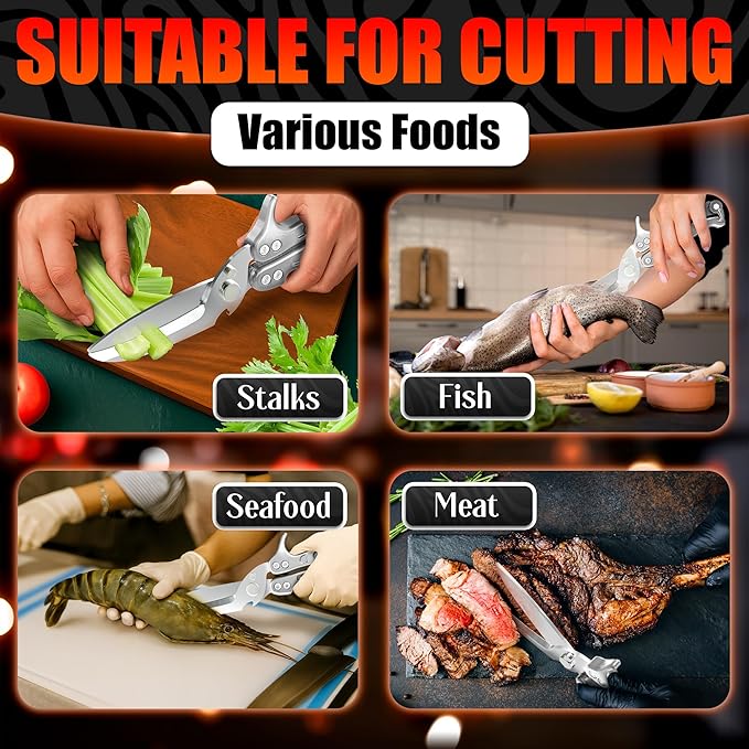 Heavy Duty Poultry Shears – Kitchen Shears Dishwasher Safe, Spring-Loaded, 3Cr14 Steel, Micro-Serrated, Separates for Easy Cleaning | Bone Scissors for Chicken, Turkey, Seafood & Fish Scale (Silver)