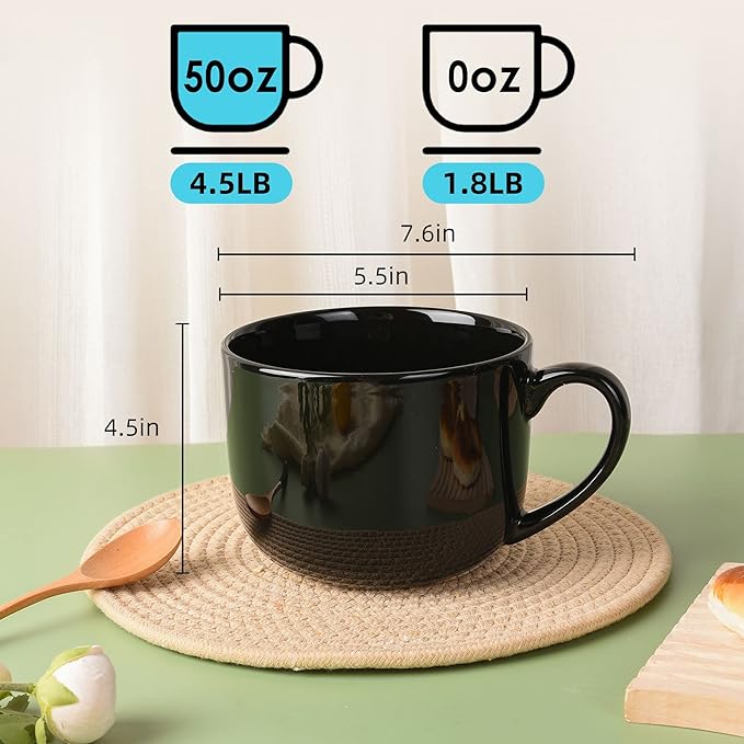 50oz lagrge Ceramic Soup Mug with Handles for Coffee, Tea, Ice Cream, Cereal (Black)