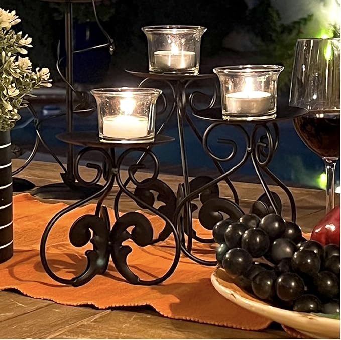 Lily’s Home Elegant Scrollwork Fleur De Lis Pillar Candle Holders, Wax & LED Candle Stands, Black, Set of 3. Candles Not Included