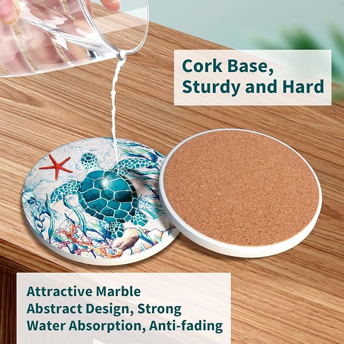 Coasters for Drinks with Holder Set of 6 Ceramic Absorbing Stone Sea Ocean Life Cork Base Coastal Decor Beach Theme Tropical Table Coaster for Coffee Cocktail Beverage Wine Beer Cup Mug