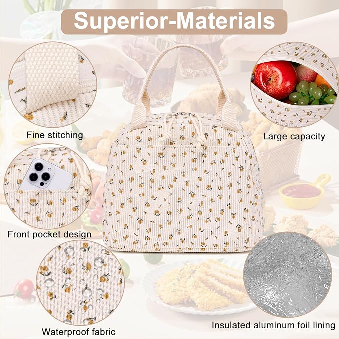 LEDAOU Lunch Box for Women Insulated Lunch Bag Corduroy Lunch Tote Bags Leakproof Cooler Lunch Case for Travel Work Picnic
