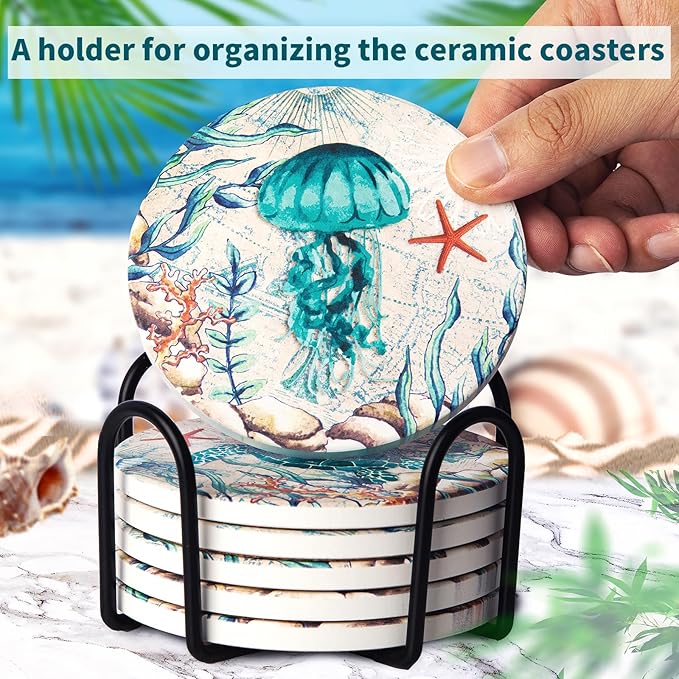 Coasters for Drinks with Holder Set of 6 Ceramic Absorbing Stone Sea Ocean Life Cork Base Coastal Decor Beach Theme Tropical Table Coaster for Coffee Cocktail Beverage Wine Beer Cup Mug