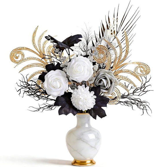 17" Modern Metallic Black and Gold Artificial Flowers, 14 Pcs Silk Rose Bouquet, Luxury Gothic Home Decor for Table Centerpiece, Faux Floral Arrangement for Hotel & Office (Vase Not Included)