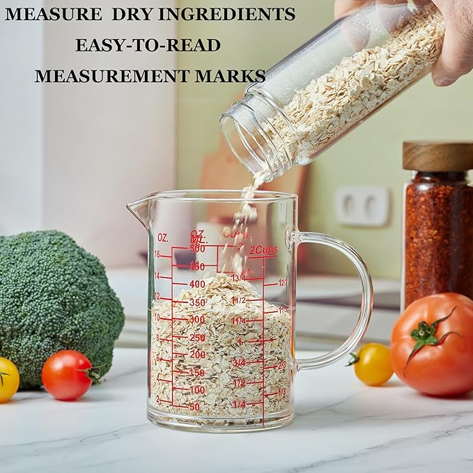 Ackers Mirror Scale Glass Measuring Cup-[Insulated handle | V-Shaped Spout]-Made of High Borosilicate Glass Measuring Cup for Kitchen or Restaurant, Easy to Read, 500 ML (16 Oz, 2 Cup)