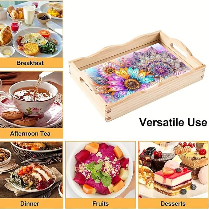 BAYUNOE DIY Diamond Serving Tray Christmas Rectangular Breakfast Tray with Handle Handmade Diamond Art Painting Wooden Tray for Dinner Plate Coffee Room Living Home Organizer-Mandala