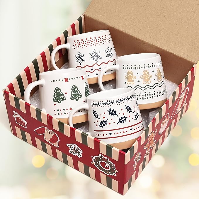 Homlouue Christmas Mugs Set of 4, Merry Christmas Mugs, Holiday Mug, Holiday Coffee Mugs, Xmas Gifts for Friends Family Coworker, 14 Oz