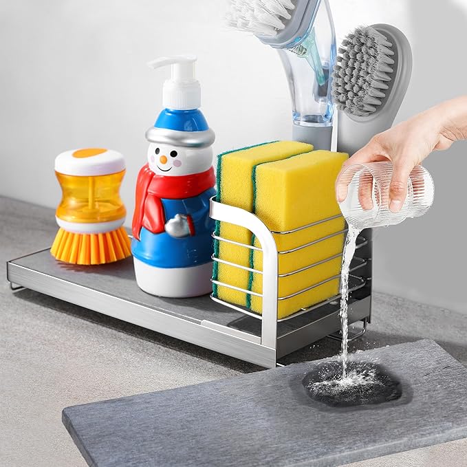 Wipe-Free Sink Organizer with Drying Stone, Instant Dry Sink Caddy Organizers, Kitchen Sponge Soap Holder Dispenser, Countertop Fast Drying Counter Tray Rack
