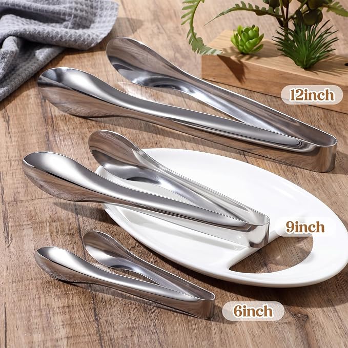 4 Pack Polished Stainless Steel Serving Tongs 9 Inch Metal Food Silver Tong for Buffet Salad BBQ Grilling Heavy Duty Kitchen Utensils for Cooking Catering Wedding Party