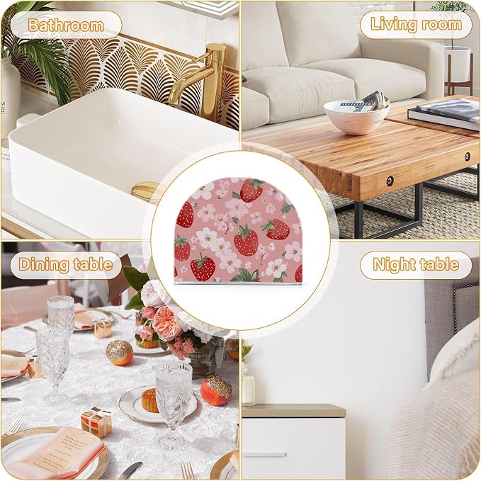 Napkin Holder Acrylic Napkin Holder for Table Kitchen Party Restaurant U Shaped Upright Napkin Dispenser Organizer Pink Blossoms and Strawberries