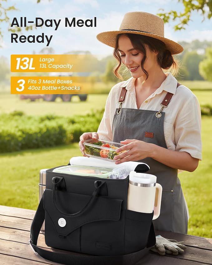 LOVEVOOK Large Insulated Lunch Bag for Women, Wide Opening Leakproof Cooler Tote with Cup Holder and Shoulder Strap, Adult Lunch Box for Picnic Hiking Beach