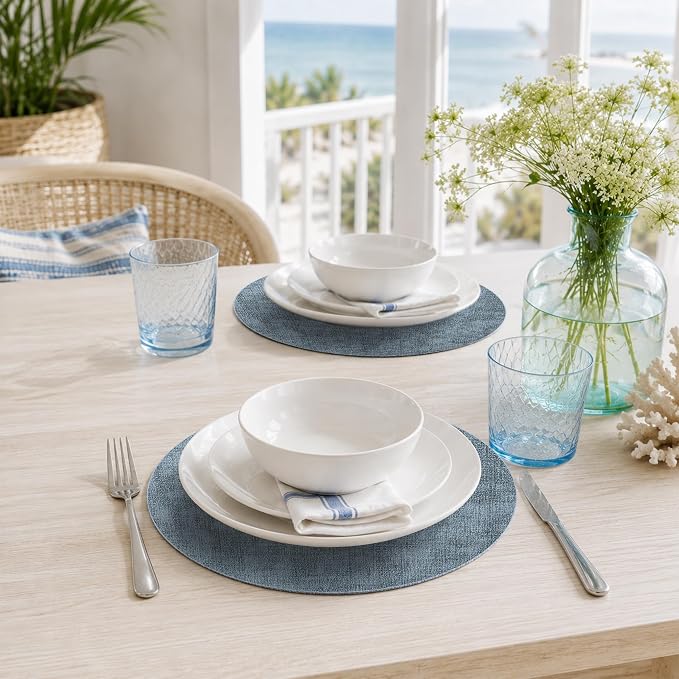 Maxpearl Round Placemats Set of 6, 13.8 inch Faux Leather Heat Resistant Table Mats, Non Slip Waterproof Wipeable Place Mats for Kitchen Dining Holiday Party Table Settings, Blue