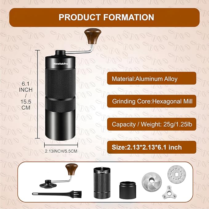 M6 Hand Coffee Grinder,Conical Burr for Espresso Pour Over French Press | 24 Adjustable Settings & Double Bearings.Hexagonal Burr.Portable Plastic-Free Hand Grinder for Travel, Camping,Home & Office