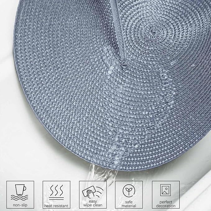 AHHFSMEI Round Placemats Set of 6 Heat Resistant Washable Non-Slip Woven Braided Table Mats for Dining Table Kitchen & Home Decor (Light Blue)