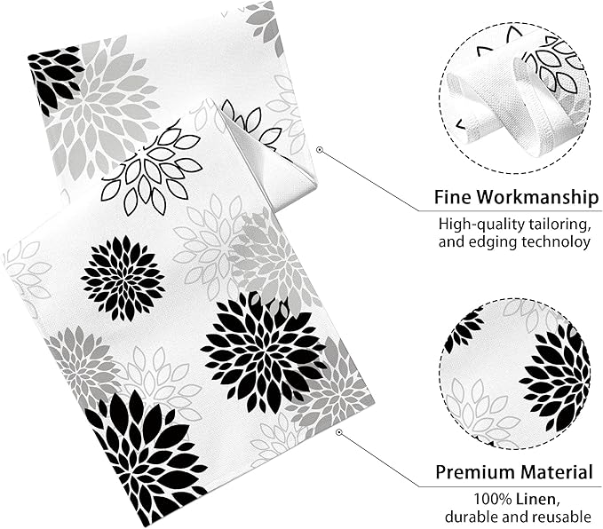 Dahlia Flower Table Runner 13x90 Inch Farmhouse Blue Gray Runners Modern Table Decorations Rustic Geometric Coffee Table Runner for Home Kitchen Dining Room Party (13"x90", Dahlia Floral-Black)