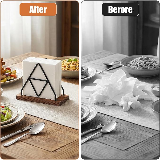 2 Pcs Wooden Napkin Storage,Black Table Napkin Holder with Black Metal Wire for Kitchen, Table Decor, Cocktail Bar