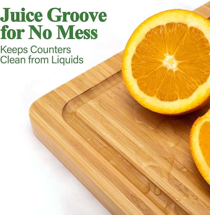 Bamboo Cutting Board For Kitchen, Bamboo Cutting Board Set of 3 with Juice Groove, Double-Sided Chopping Board Serving Board with Hanging Hole for Meat, Vegetables and Cheese