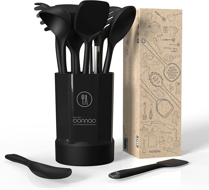 oannao Silicone Kitchen Utensils Set, 600°F Heat Resistant Silicone Cooking Utensils, Spatula, Spoon, Whisk, Tongs, Kitchen Gadgets Sets for Nonstick Cookware, Dishwasher Safe BPA Free (Black)