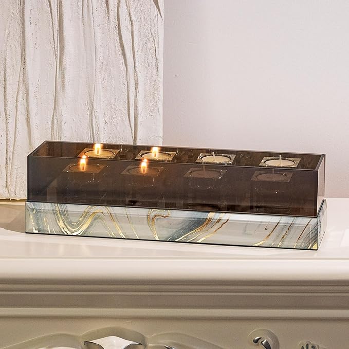 Crystal Glass Candle Holder Rectangular 4 Candle Seat with Marble Pattern-Tealight and Votive Candles Holders Centerpiece Table Decorations for Home Décor, Dining Room, Kitchen, Patio (White)