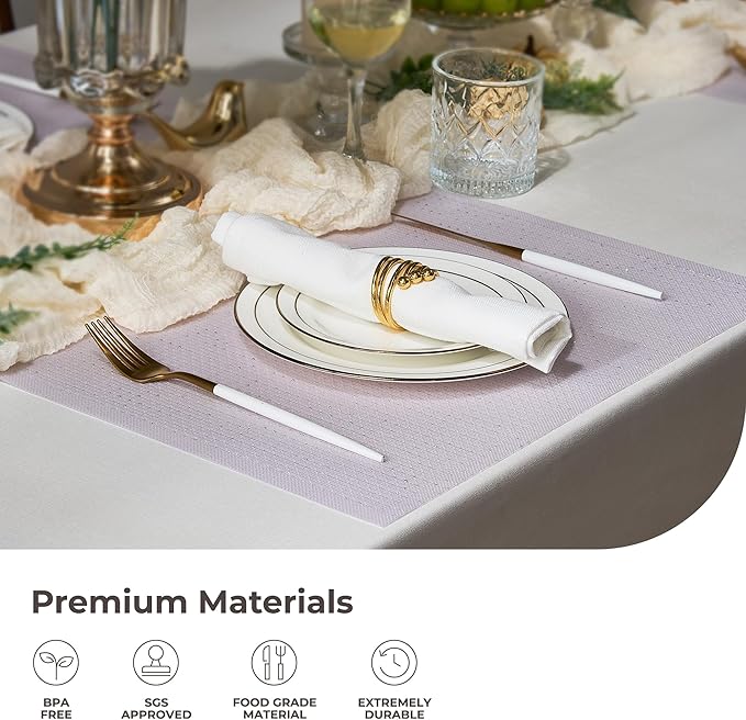 Leetaltree Sparkling Pale Lavender Sequin Woven Vinyl Placemats, Set of 12 - Waterproof & Washable Dining Table Mats for Wedding, Anniversary, Daily Use, Hand-Cut