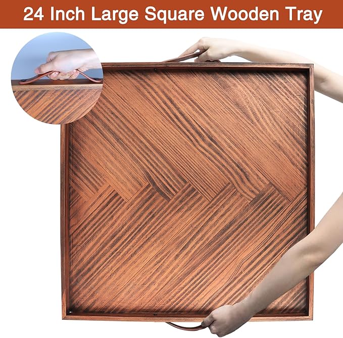 SXNOWS Large Ottoman Wood Trays, Wooden Serving Tray with Handles, Large Ottoman Tray, Square Wooden Serving Tray for Coffee Table, Living Room and Kitchen, 24 x 24 inch
