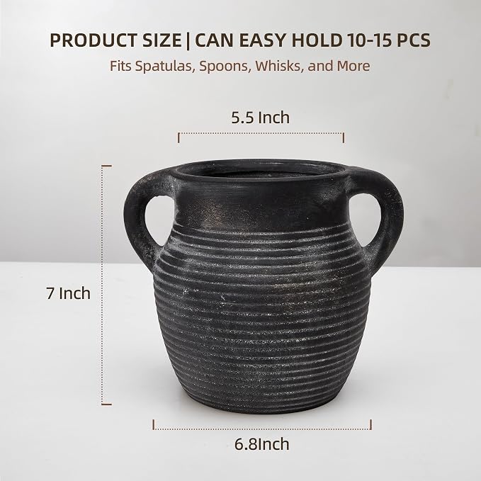Rustic Utensil Holder for Kitchen Counter - Large Ceramic Farmhouse Cooking Utensil Crock & Organizer for Spatula, Spoon-Vintage Kitchen Decor (Charcoal)