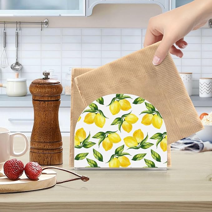 Yellow Lemon and Green Leaves on White Napkin Holder for Tables Paper Cocktail Napkin Holders for Kitchen and Dinning, Acrylic Dinner Napkin Dispenser for Restaurant Home Decor Bar Accessories 2 Pack