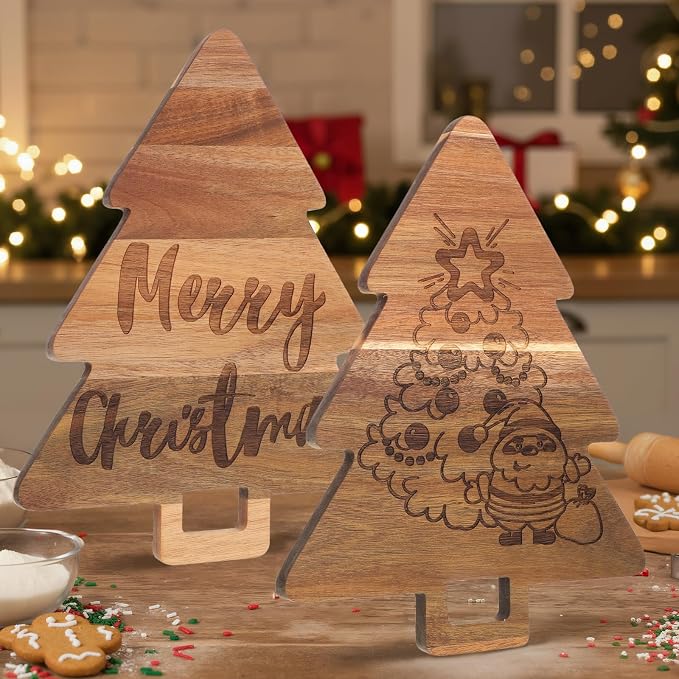 Umigy 2 Pcs Christmas Cutting Board Christmas Tree Charcuterie Boards Kitchen Wooden Santa Claus Acacia Cute Cutting Board with Handle for Housewarming Wedding Xmas Party Supplies