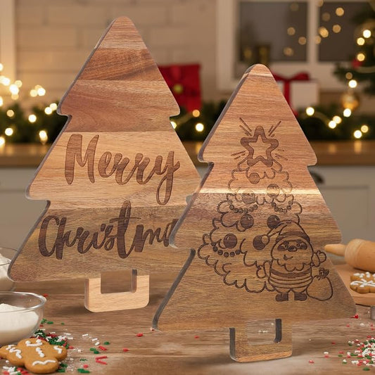 Umigy 2 Pcs Christmas Cutting Board Christmas Tree Charcuterie Boards Kitchen Wooden Santa Claus Acacia Cute Cutting Board with Handle for Housewarming Wedding Xmas Party Supplies