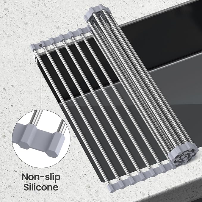 Roll Up Over Dish Rack 17.7”Lx15.5”W, Kitchen Drainer Rack, Gray