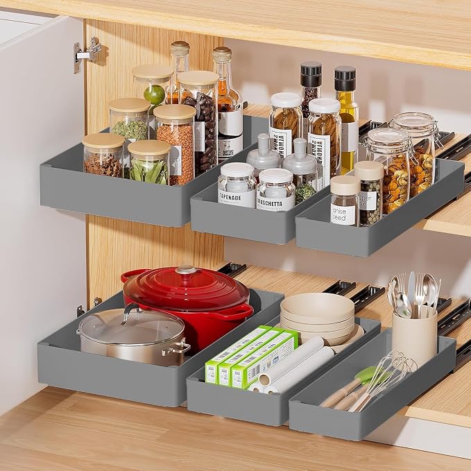 15.75'' D Adhesive Pull Out Drawers for Cabinets,No Drill Pull Out Drawers with Raising Pad for Framed & Frameless Cabinet,Adjustable Expandable Pullout Cabinet Organizer for Kitchen,Bathroom, M Size