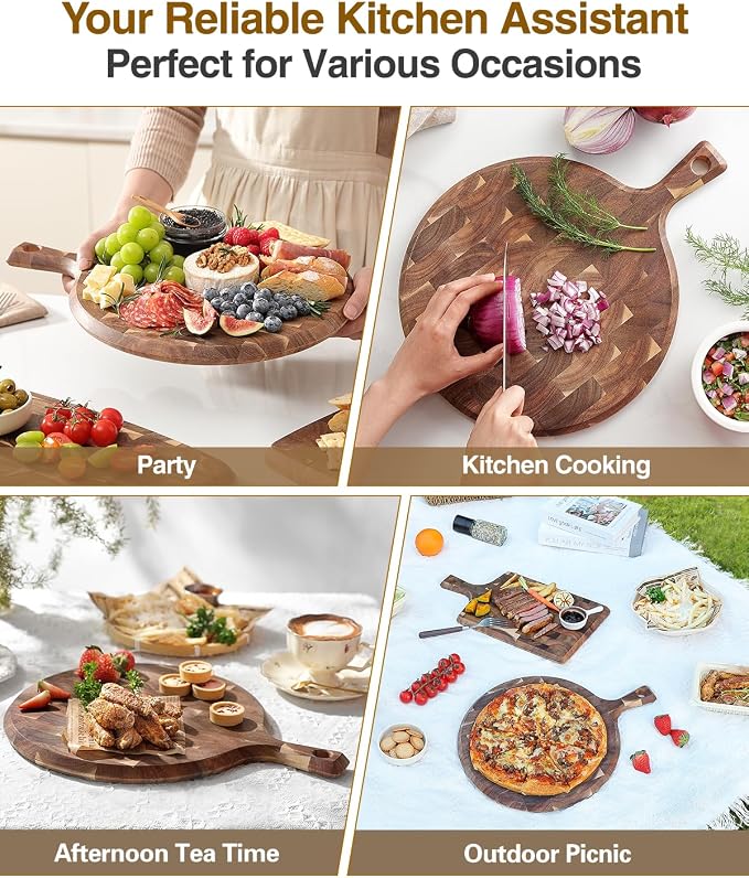 XINZUO Acacia Wood End-Grain Round Cutting Board with Handle for Kitchen Bread Pizza Cheese Fruit Charcuterie Serving Cutting Board, Two-sided Use, 16.7 x 12.5 x 0.75 inches