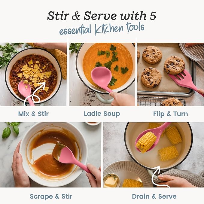 Starpack Stir and Serve Silicone Cooking Utensils Set (5-Piece, 11") - LFGB Non Toxic, 600°F Heat Resistant, BPA-Free - One-Piece Seamless, Dishwasher Safe - for Nonstick Cookware, Earthy Pink