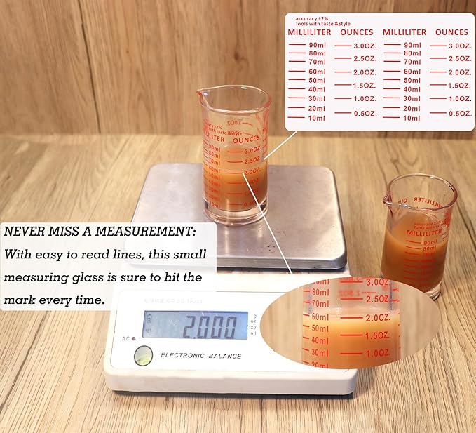 Ackers 3oz/90ml Glass Measuring Cup – Shot Glass with Double Scale-Ounce,Ml Markings for Kitchen & Bar(Red Line)