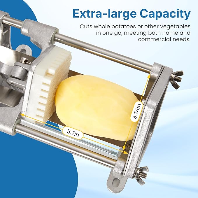 Commercial French Fry Cutter with 1/2 Inch & 3/8 Inch Blade and 6-wedge Slicer, Heavy Duty Potato Slicer, Stainless Steel Potatoes Cutter for Potatoes, Carrots, Cucumber, Onion, Yam