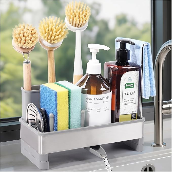 Kitchen Sink Caddy Organizer, Stainless Steel Sponge Holder, Kitchen Caddy Sink Organizer with Dish Brush Holder and Dishcloth Rack, Rustproof Dish Sponge Drying Rack for Countertop Storage
