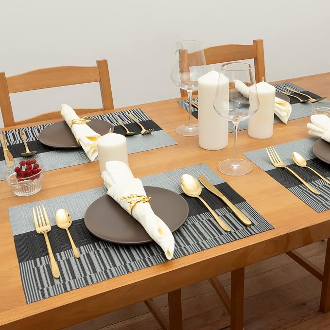 Winknowl Placemats Set of 8, Heat Resistant Non-Slip Vinyl Woven Table Mats for Dining Table, Washable Durable Elegant Place Mats for Kitchen Indoor/Outdoor Use (Black)