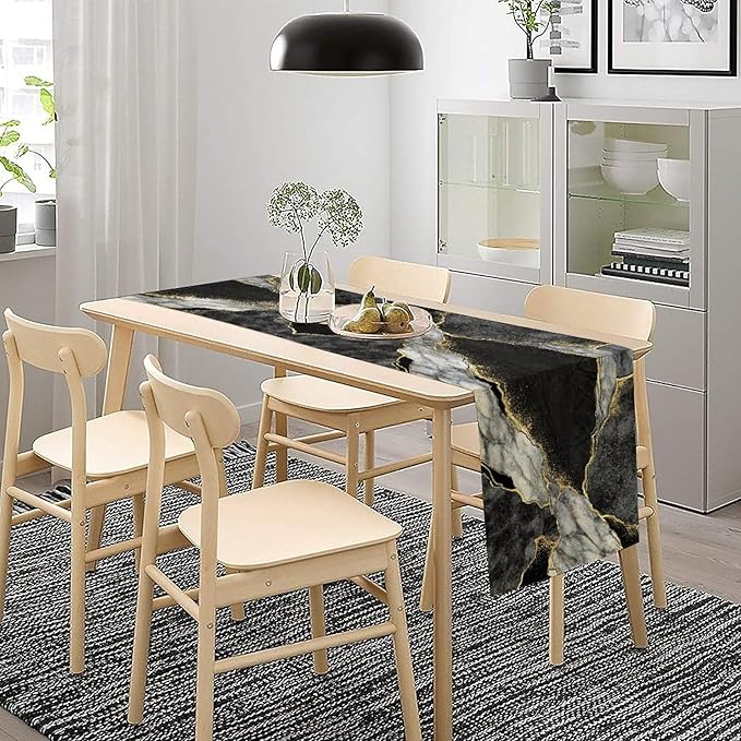 Marble Table Runner, Black Grey and Gold Abstract Modern Luxury Texture Printed Linen Table Runners for Home Farmhouse Kitchen Dining Room Party Holiday Decor 13" W x 36" L