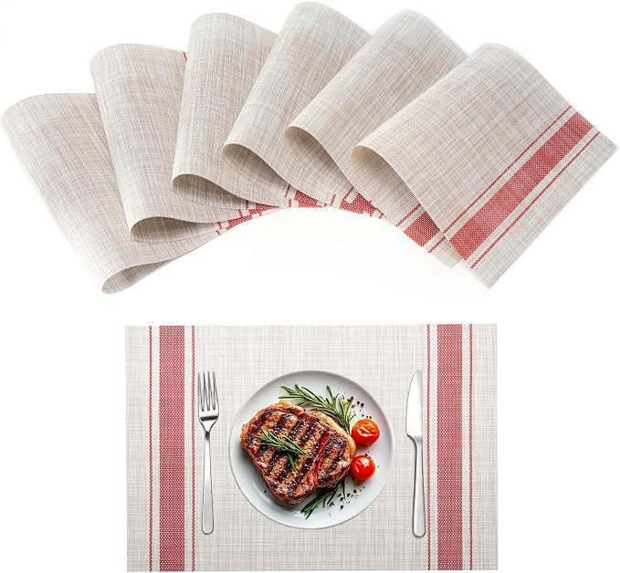 Placemats Set of 6-Heat Resistant Non-Slip Washable Table Mats for Dining Table,PVC Vinyl Woven, 12 x 18 inch Striped Design