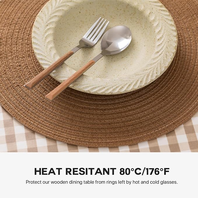 Round Placemats Set of 6 Woven Placemats Washable Braided Table Mats for Dining Table Heat Resistant Non-Slip Circle Place Mats(Brown)