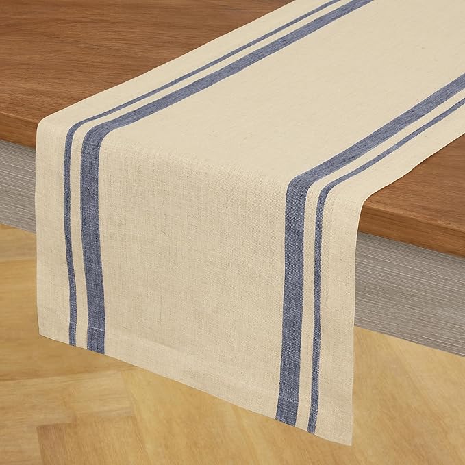 Solino Home Linen Striped Table Runner 144 Inches Long - French Stripe 100% Pure Linen Navy and Natural Dining Table Runner 14 x 144 Inch - Handcrafted and Machine Washable