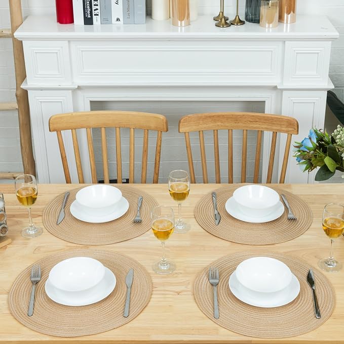 Winknowl Round Braided Placemats Set of 8 Washable Woven Heat Resistant Table Mats for Kitchen Dining Tables 15 inch Round Place Mats (Beige,8)