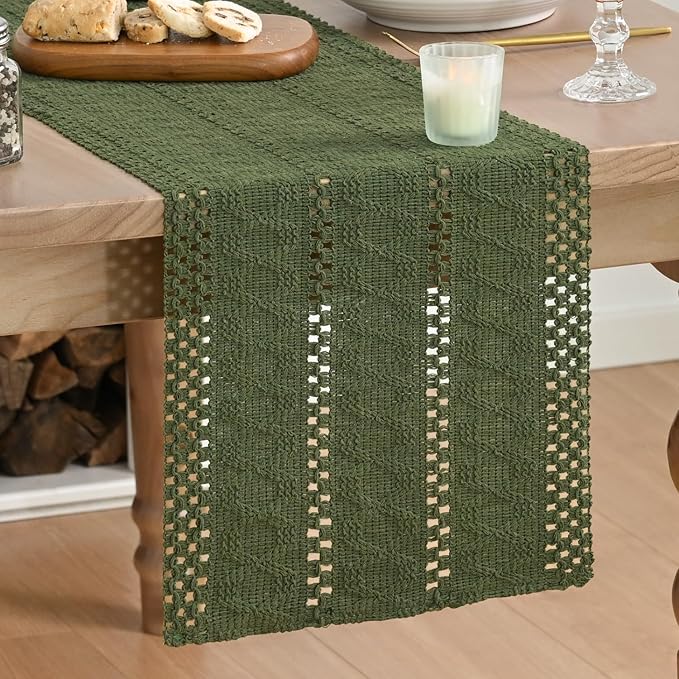 Artoid Mode Army Green Farmhouse Woven Rustic Hollow Table Runner, Seasonal Holiday Hollow Kitchen Dining Table Decoration for Home Party Decor 12x90 Inch