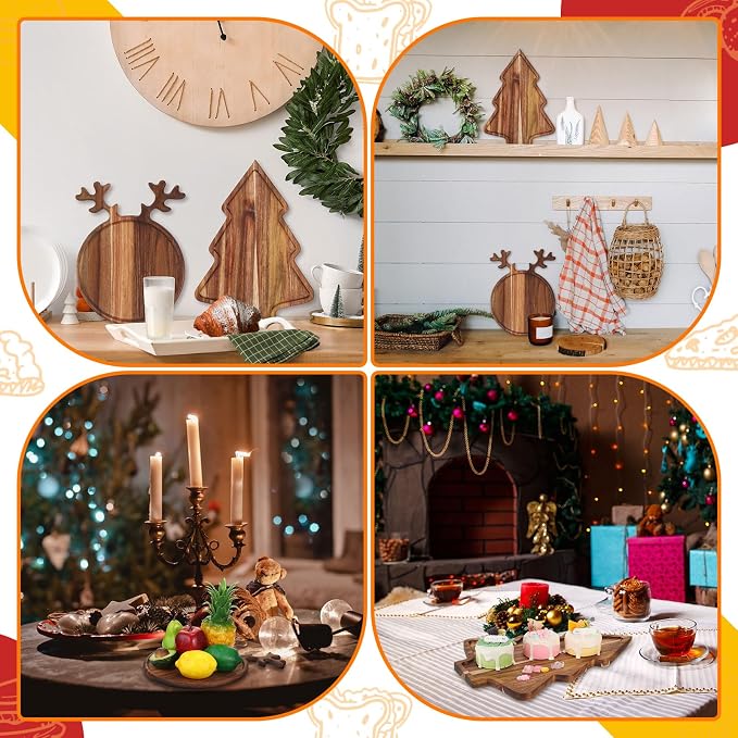 Umigy 2 Pcs Christmas Charcuterie Boards Christmas Tree Wooden Cutting Board with Handle Antler Acacia Wood Cute Cutting Board for Cheese Fruit Bread Salad Vegetables Snack Dessert