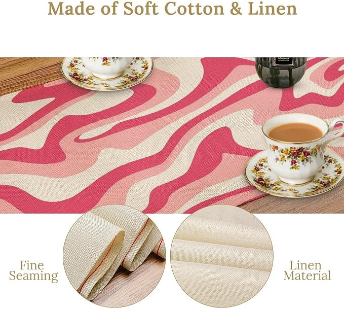 Aesthetic 70S Pink Table Runner Mid Century Abstract Wavy Swirl Cute Retro Boho Groovy Dinner Runner for Farmhouse Country Home Kitchen Dining Table Party 13x36in