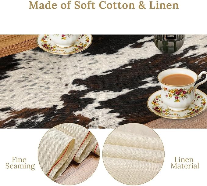 Cow Skin Print Table Runner, Cotton Linen Rustic Cottage Country Farm Animal Fur Skin Pattern Western Style Brown Cowhide Print Dinner Runner for Home Kitchen Dining Table Decoration 13x108 Inch