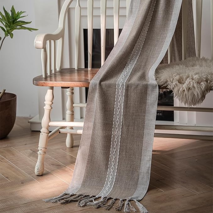 Niviy Farmhouse Table Runner, Embroidered Striped Braided Coffee Boho Table Runner, Cotton Linen Farmhouse Table Decoration for Holiday Party 12 x 120 Inches